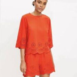 LOFT Red Orange Eyelet 3/4 Sleeve Linen Blend Blouse Size Medium NWT